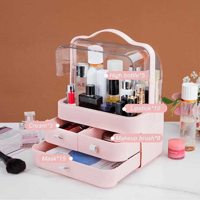 Nervure Pink Makeup Organizer - Cosmetic Storage Box with Lid - Makeup Organizer Storage Drawersr with Dust Free Cover and Portable Handle for Bathroom Countertop & Dresser & Gift