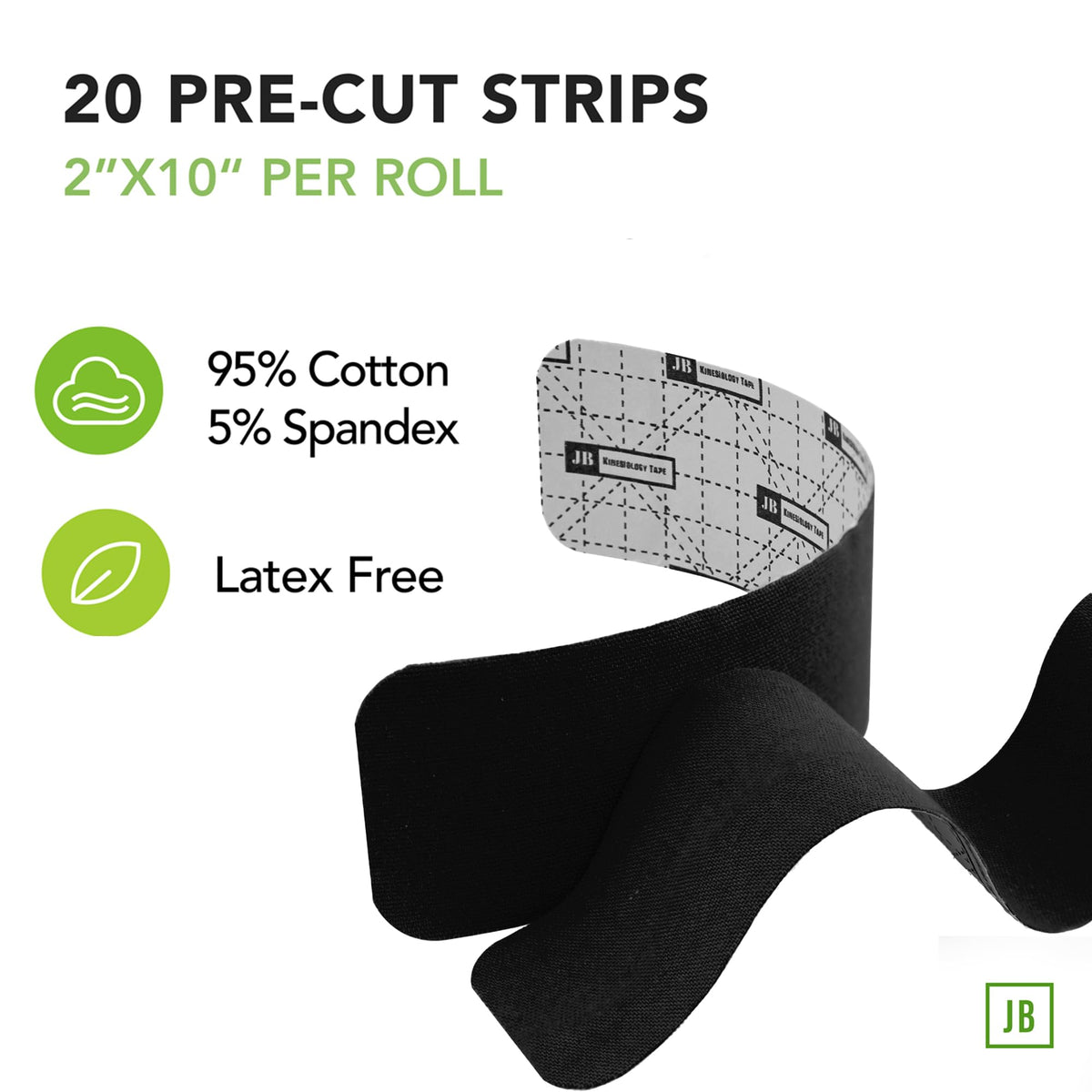 JB Tape Kinesiology Tape, Black, 80 Precut 10-Inch Strips, 4 Rolls