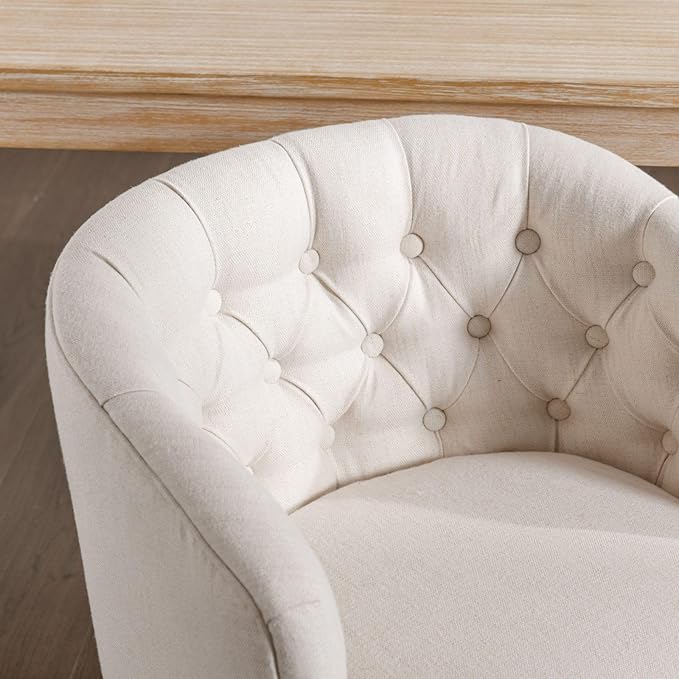 DUOMAY Modern Tufted Dining Chairs Set of 2, Linen Upholstered Side Chair, Comfy Accent Barrel Chair with Wood Legs for Home Kitchen Dining Room Living Room Restaurant, White