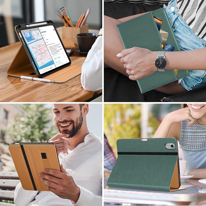 DTTO for iPad (A16) 11th Generation 11-inch &amp 10th Gen Case Brown | Premium Leather Business Cover with Pencil Holder Hand Strap &amp Pocket Corner Protection Auto Sleep/Wake for Work &amp