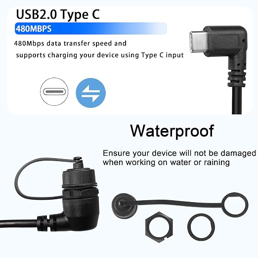 QIANRENON 90 Degree Angle USB C Flush Panel Mount Cable USB Type C 2.0 Female to Male Right Angle Waterproof Extension Cable Threaded to Dashboard or Panel 30cm/11.8 in (UP&ampDown Bend)