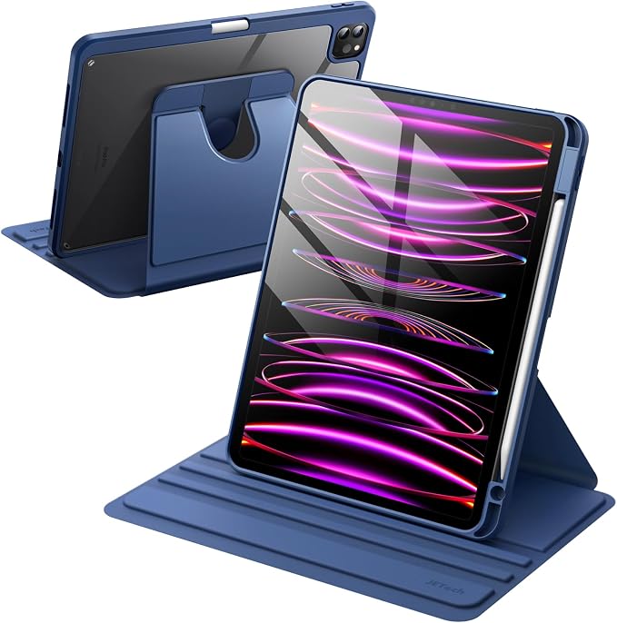 JETech Rotating Case Cover for iPad Pro 11 4/3 Black | For 2022/2021 Model 360° Rotation Stand Clear Back Design Auto Wake/Sleep Pencil Holder Full Protection