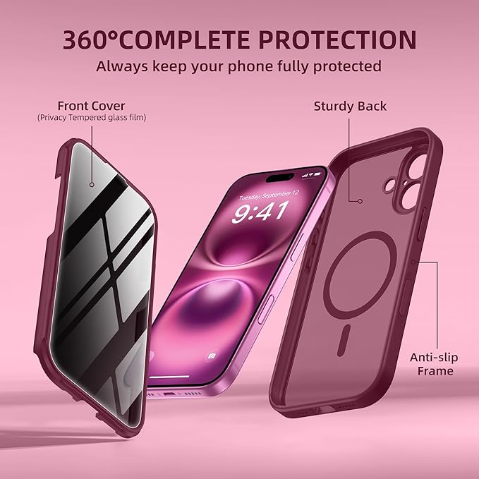 BERFY Magnetic for iPhone 16 Case, Compatible with MagSafe, Built-in Privacy Screen Protector and Upgraded Camera Protection, Anti-Spy Full Body Shockproof Phone Case for 16 6.1", Dark Red