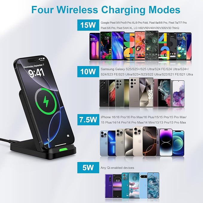 15W Samsung S26 Wireless Charger Fast Charging Stand for Galaxy S26 Ultra | Android Wireless Charging Station with QC Adapter for Samusng S26/S25 Ultra/S24/Z Flip7 Pixel 10a 10 9 Pro XL/Fold iPhone 17