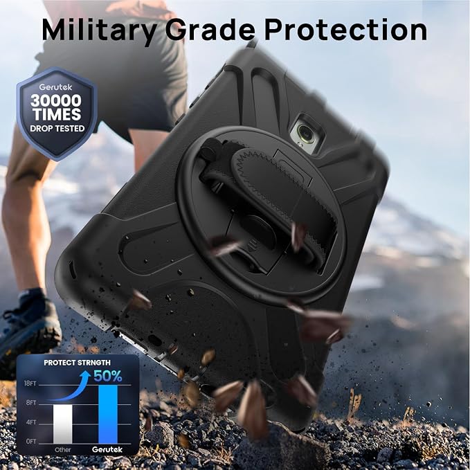 Gerutek Case for Samsung Galaxy Tab Active 5 2024/Active 3 2021 8 Black | Heavy Duty Shockproof Drop Protection Case with Screen Protector 360° Rotating Stand Handle/Shoulder Strap Pencil Holder