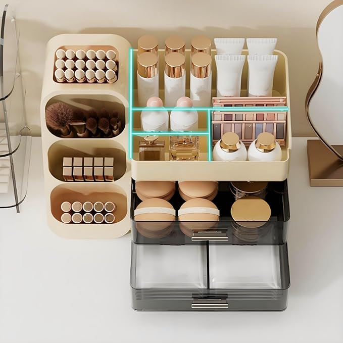 Makeup Organizer with Drawers, Large Capacity Cosmetics Display Case for Vanity, Countertop Storage Organizer for Office Bathroom, Beauty and Skincare Holder for Lipstick Brush Eyeshadow