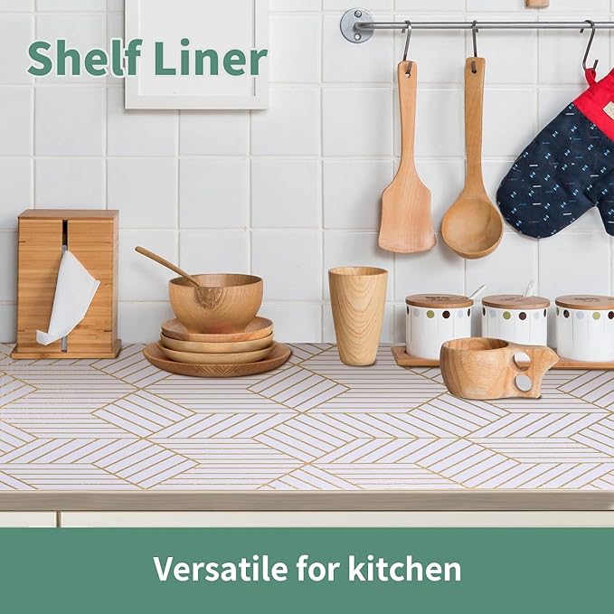Shelf Liners for Kitchen Cabinets 23.6 in x 30 FT, Non Adhesive Cabinet Liner Strong Non-Slip Thickened Gold Geometric Drawer Liner, Easy to Clean for Shelf