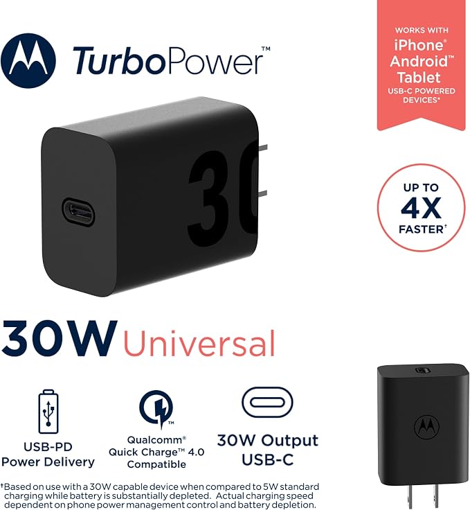Motorola TurboPower 30W Charger + Black Silicone Cable Bundle