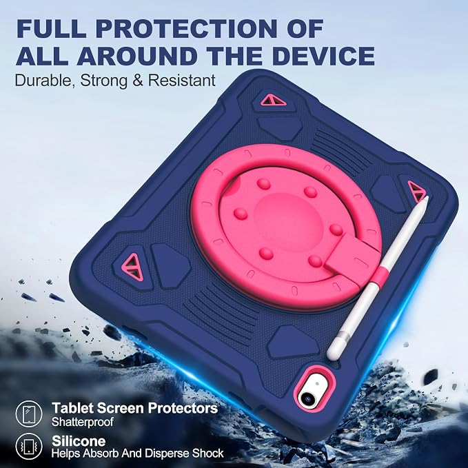for iPad (A16) 11th Generation Case 11 Inch 2025 iPad 10th Generation case 10.9 Inch 2022 Shockproof Case with Screen Protector 360° Rotating Stand Shoulder Strap Pencil Holder Navy+Pink