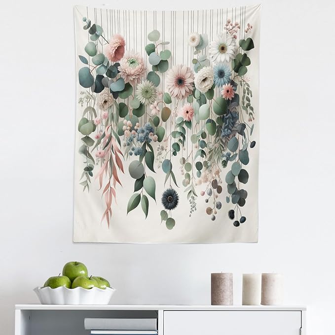 Ambesonne Flower Tapestry, Modern Lines Leafy Eucalyptus Pattern with Tender Sunflower and Peony, Fabric Wall Hanging Decor for Bedroom Living Room Dorm, 23" X 28", Grey Teal Laurel Green