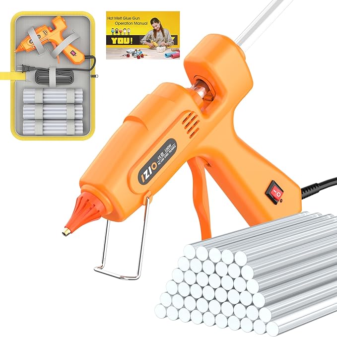 IZIO 100W Professional Hot Glue Gun Kit - Fast Heating, Non-Drip, Anti-Scald Nozzle, Safe & Ergonomic Grip, Includes 21 Glue Sticks (7/16") and Storage Bag - Full Size, Orange
