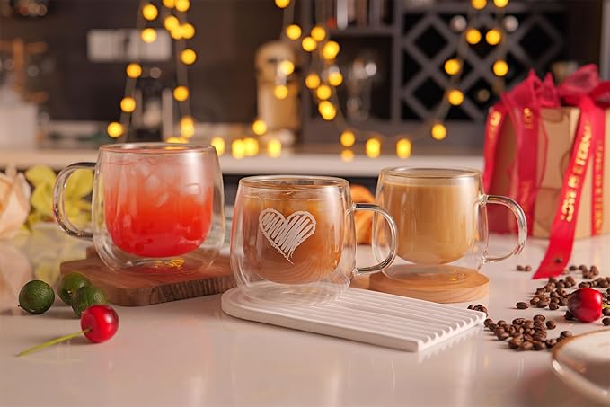CNGLASS Double Walled Glass Coffee Mugs 10oz,Large Insulated Espresso Cups,Set of 2 Clear Glasses Cappuccino Mug with Handle(Tea Latte Glassware)