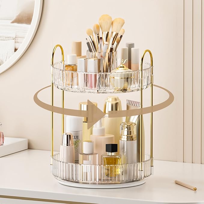 360° Rotating Makeup Organizer, Upgraded 2 Tier Skincare Perfume Organizers for Women, Bathroom Organizer Countertop, Clear Cosmetic Dresser Organizer with Makeup Brush Holder, Sink&Counte (Clear)