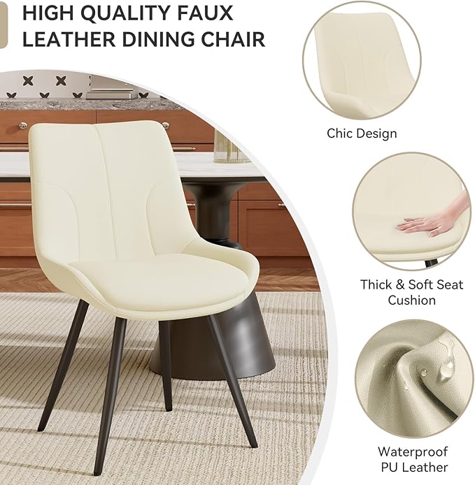 Upholstered Dining Chairs Set of 4, Modern Faux Leather Dining Room Chairs with Thick Cushion and Metal Legs, Kitchen Chairs with Back for Dining Room, Cream