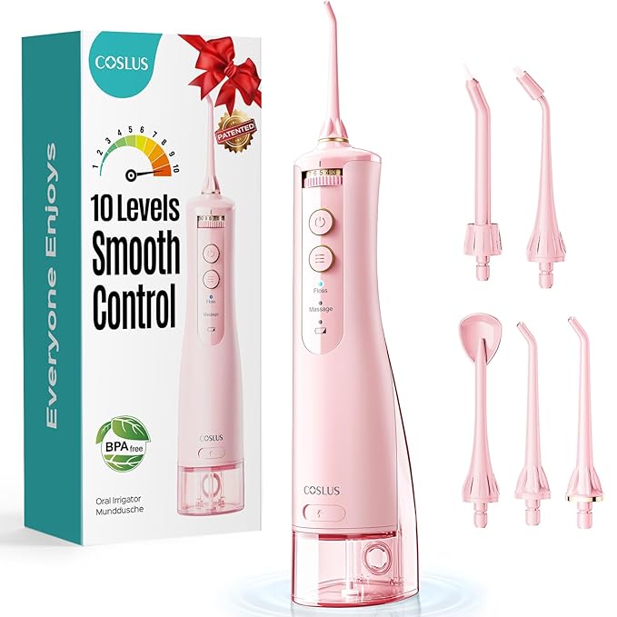 COSLUS Portable Water Flosser for Teeth: 10 Pressure Settings Professional Water Dental Pick for Orthodontic, Braces & Sensitive Gums - Cordless for Travel Use, for Adults Teens, BPA-Free, E40