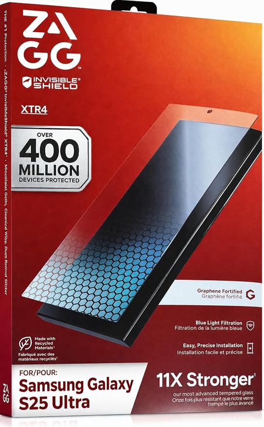 ZAGG Glass XTR4 Screen Protector for Samsung Galaxy S25 Ultra - 11X Stronger Tempered Glass Scratch Protection Blue Light Filtering Anti-Reflective Easy to Install InvisibleShield - Clear