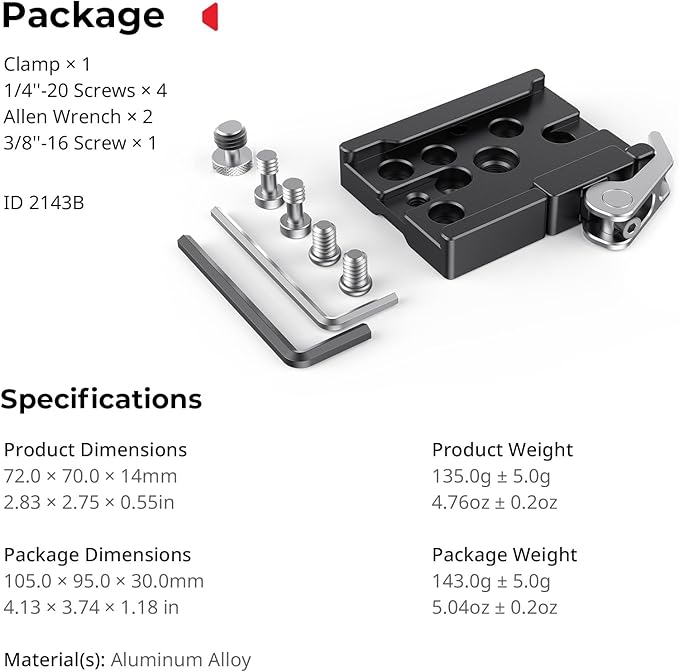SmallRig Quick Release Mount Plate for Arca-Type, Baseplate Clamp with 1/4''-20 Threaded, 3/8''-16 Threaded and Lever - 2143B