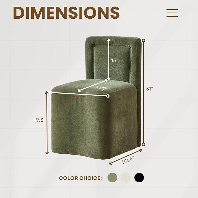 Green Upholstered Dining Chairs Set of 2, Armless Modern Chenille Dining Chairs with High Back, Kitchen Chair for Dining Room/Restaurant/Living Room