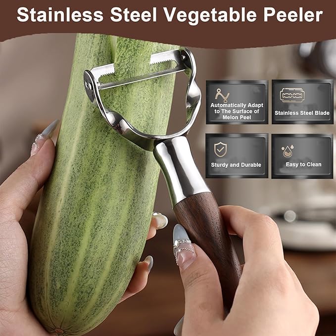 AUDAMI Premium Vegetable Peeler - Stainless Steel Serrated Y Potatoe Peeler for Veggie, Carrots, Apples - Ultra Sharp Swivel Blade Fruit Peeler with Ergonomic Natural Wood Handle