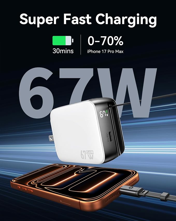 Retractable USB C Charger 67W 2-Port Fast Charger with Retractable Cables and Foldable Plug