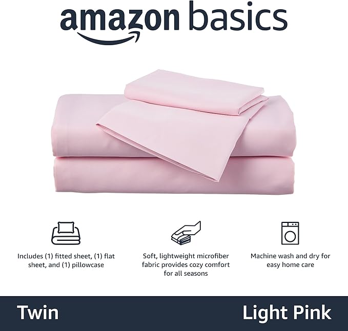 Amazon Basics Kid's Soft Easy-Wash Lightweight Microfiber 3-Piece Sheet Set, Twin, Light Pink, Solid (Pack of 4)