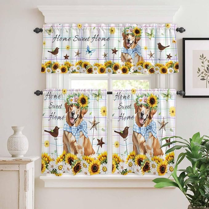 Kitchen Curtains Tiers and Valance Set of 3, Sunflowers Dog Light Filtering