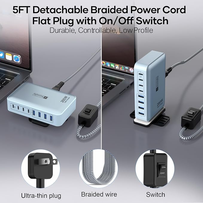 8-Port Multi Charging Stations 200W with Flat Plug Braided Power Cord and On/Off Switch- USB Charging Hub for iPhone iPad MacBook and More- 65W C Port Power Adapter for Laptops