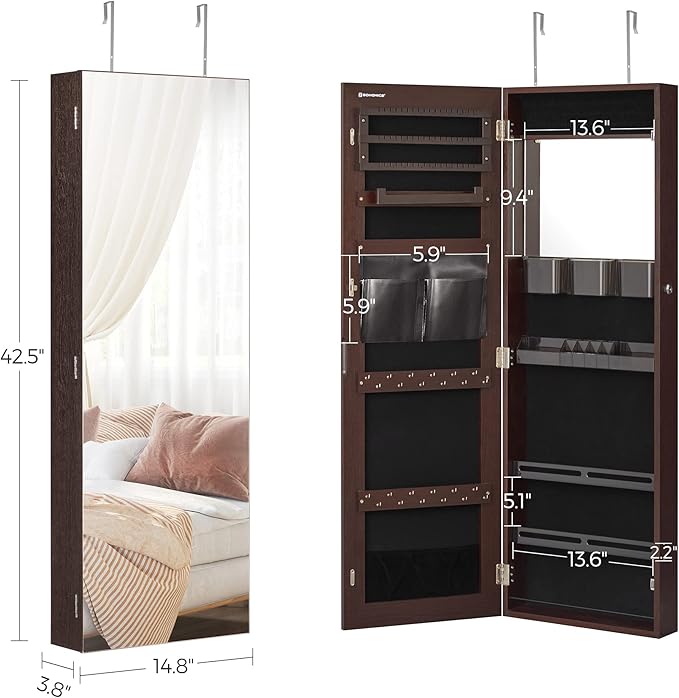 SONGMICS Jewelry Cabinet Armoire, Wall or Door Mount Storage Organizer with Full-Length Frameless Mirror, Lockable Cabinet with Built-in Small Mirror, Shelves, Gift Idea, Brown UJJC003K01