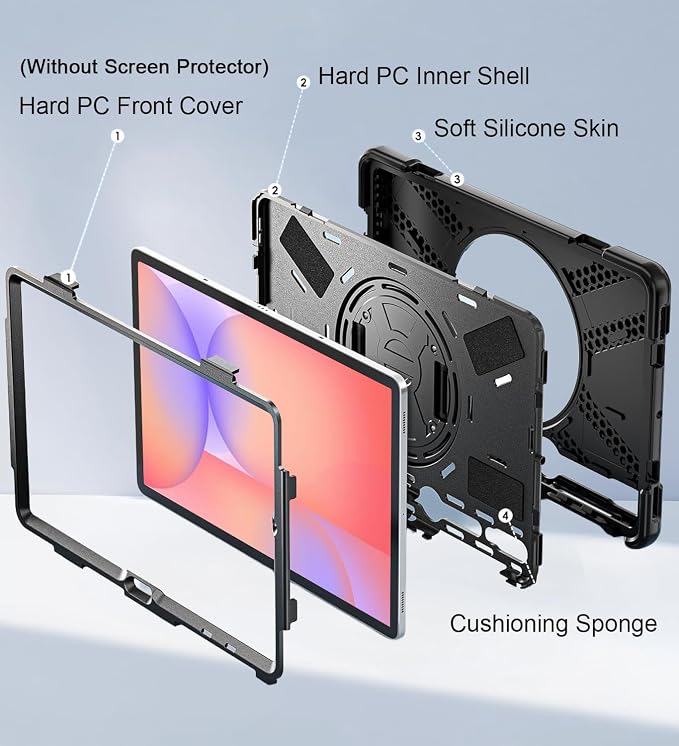 Case for Samsung Galaxy Tab S10 Lite/S10 FE/S9 FE/Tab S9/S8/S7 5G 10.9/11 Inch Heavy Duty Full-Body Shockproof Drop Protective Cover with 360° Rotating Handle Stand Hand/Shoulder Strap Black