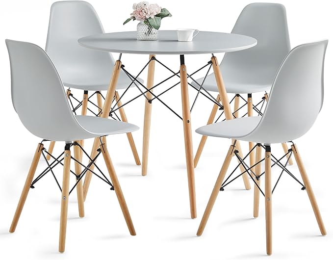 Round Dining Table Set for 4 31.5" Wood Dinner Table Circle Dining Table Kitchen Table Chairs Set of 4 with Wood Strip Base for Kitchen Living Room Space Saving Apartment(Grey)