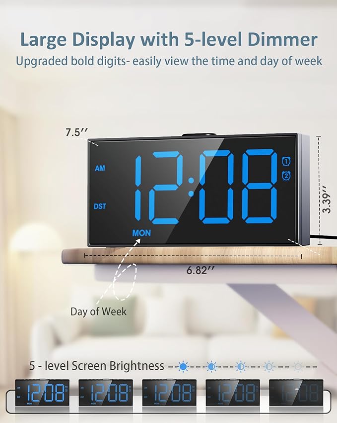 Digital Alarm Clock for Bedroom Heavy Sleepers,7.5''Large Display,2 Alarms,Weekday/Weekend,Electric Bedside Desk Clock,Adjustable Volume,Dual Charging Ports,Snooze,Dimmer,Memory Function,12/24H &DST
