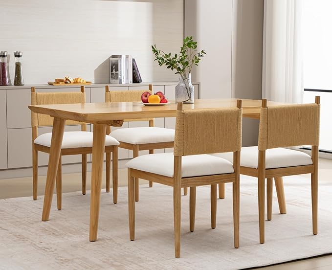 CIMOTA Modern Dining Chairs Set of 4, Mid Century Upholstered Dining Room Chairs with Woven Back, Armless Kitchen Chairs with Natural Solid Wood Legs, Linen Beige