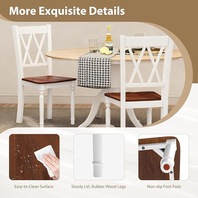 POWERSTONE Wooden Dining Chairs Set of 2, Farmhouse Kitchen Chair with High Backrest, 360 lbs Armless Dinette Seat for Kitchen, Dining Room, Living Room, White and Walnut