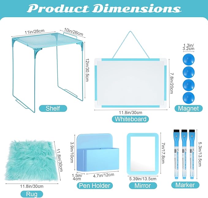 12 Pcs Locker Organizer and Decorating Kit, First Day of School Essentials for Girl Marble Print Whiteboard with Markers Locker Shelf Plush Area Rug String Light Mirror Magnetic Cup and Magnet (Blue)