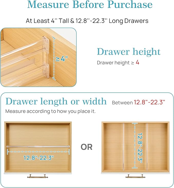 Vtopmart 8 Pack 4" Regular Upgrade Drawer Dividers for Clothes, 12.8"-22.3" Expandable Dresser Drawer Organizer, Clear Plastic Separators for Dresser, Baby Clothing, Underwear, Cosmetic, Toiletries