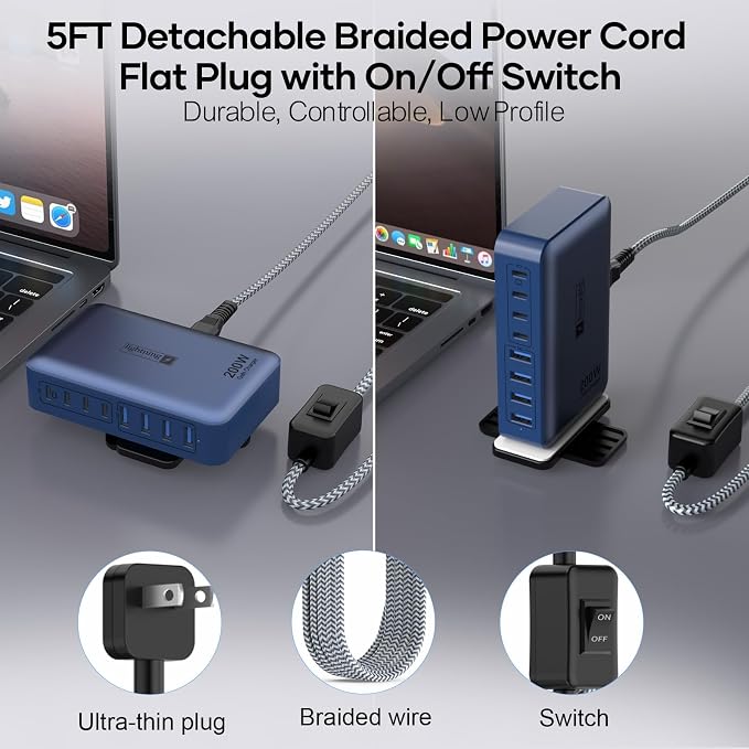 8-Port Multi Charging Stations 200W with Flat Plug Braided Power Cord and On/Off Switch- USB Charging Hub for iPhone iPad MacBook and More- 65W C Port Power Adapter for Laptops