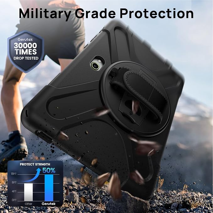 Gerutek Case for Samsung Galaxy Tab Active 5 2024/Active 3 2021 8 Black | Heavy Duty Shockproof Drop Protection Case with Screen Protector 360° Rotating Stand Handle/Shoulder Strap Pencil Holder