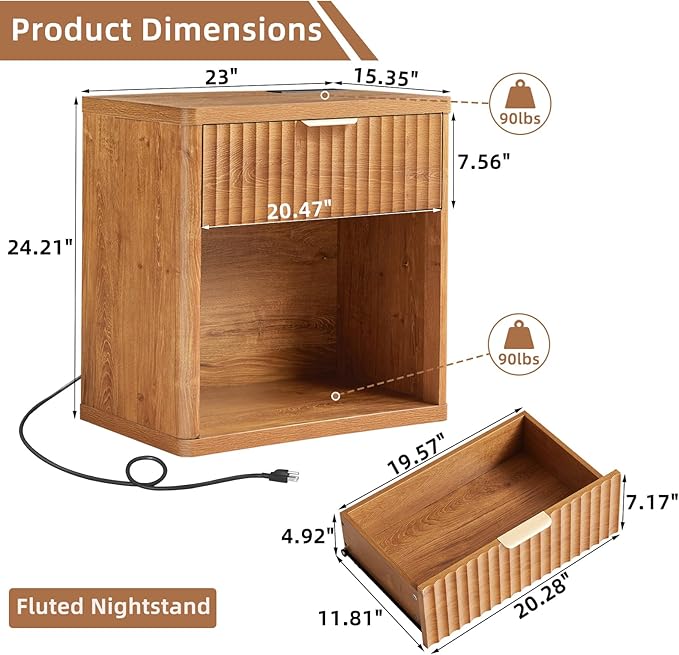 LEYAOYAO Fluted Farmhouse Nightstand Set of 2 with Charging Station, 23" Wide 1 Drawers End Table,Brown Dresser for Bedroom,Bed Side Table Chest of Drawers Cabinet,Wood Night Stand for Living Room