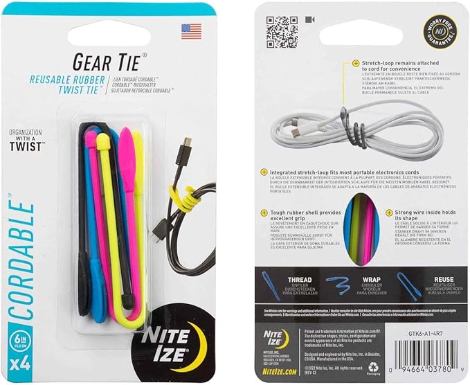 Nite Ize Gear Tie Cordable Twist Tie - Flexible Ties for Cord Management - Reusable Rubber Twist Ties for Wires - Waterproof & UV Resistant - Assorted Colors - 6-inch, 8 Count (2 Pack)