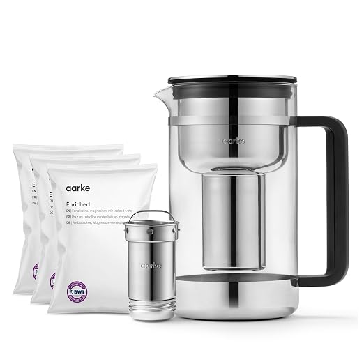 Aarke Purifier Large 1.66L Glass Pitcher Bundle w/Steel Filter, 3 Enriched + 1
