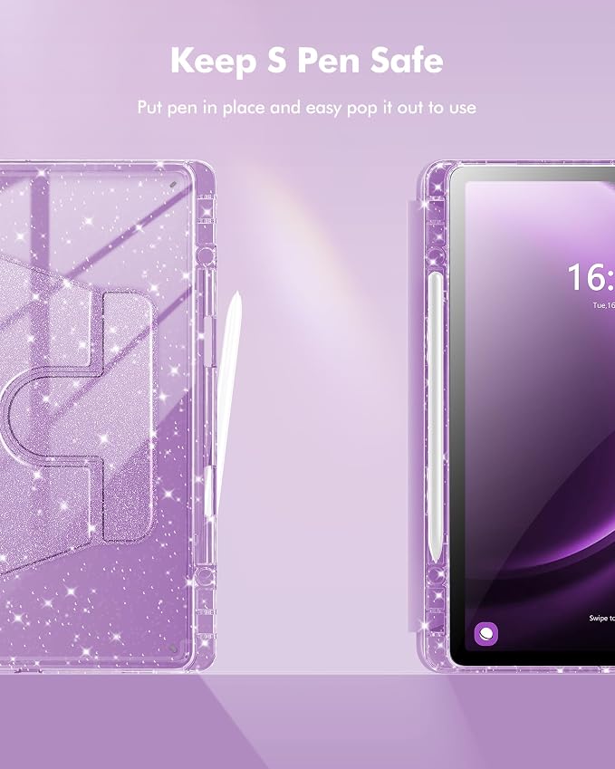 INFILAND Rotating Case for Samsung Galaxy Tab S10 FE/ S9 FE 5G 10.9 Inch/Tab S9 11 Inch 360 Cute Glitter Cover with Clear Back S Pen Holder for Girls Kids Woman (Black)