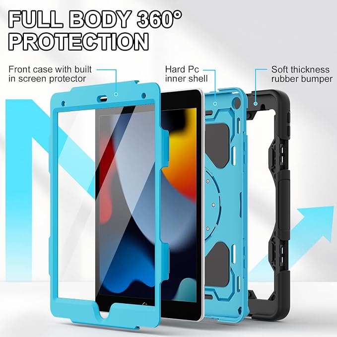 for iPad 9th 8th 7th Gen Case 10.2 inch with Screen Protector | 360° Rotating Kickstand Hand Strap Shoulder Strap Heavy Duty Military Grade - Kids Friendly