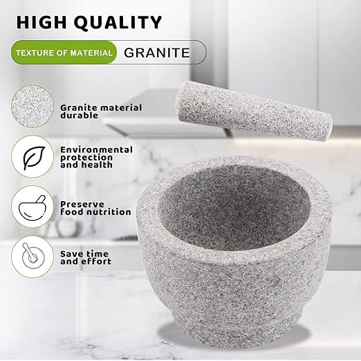 Comie Mortar and Pestle Set,Heavy Duty,Unpolished Granite,8Inch-5Cup Capacity,Grinder for Spices and Seeds,Grinding,Crushing and Mashing Spices,Nuts,for Guacamole,Garlic Sauce,Gray.