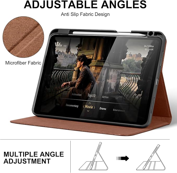 Leather Case for iPad (A16) 11th (11)/ 10th Generation (10.9) Full Grain LeatherProtective Smart Folio Cover with Pencil Holder Auto Sleep/WakeAnti Slip Black Silver