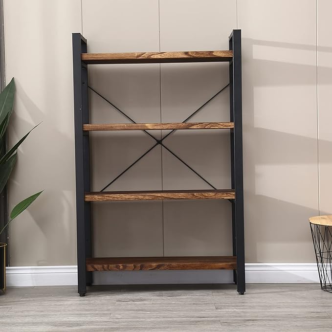 Solid Wood Bookshelf,4 Tier Rustic Vintage Industrial Etagere Bookcase, Open Metal and Wood Vintage Book Shelf, Retro Brown (RealWood)(4-Tier)