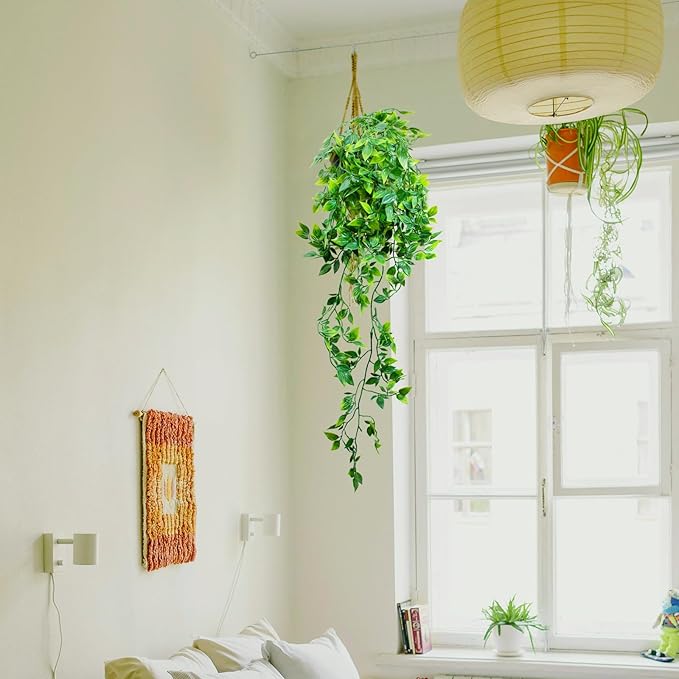 LOYWREE 3 Pack Small Artificial Hanging Mandala Plant with Pot Faux Plants Indoor Fake Small Potted Plant 28.7-In Long Faux Vine Shelf Decor Ideal for Indoor Outdoor Home Office Decoration (Black Pot)
