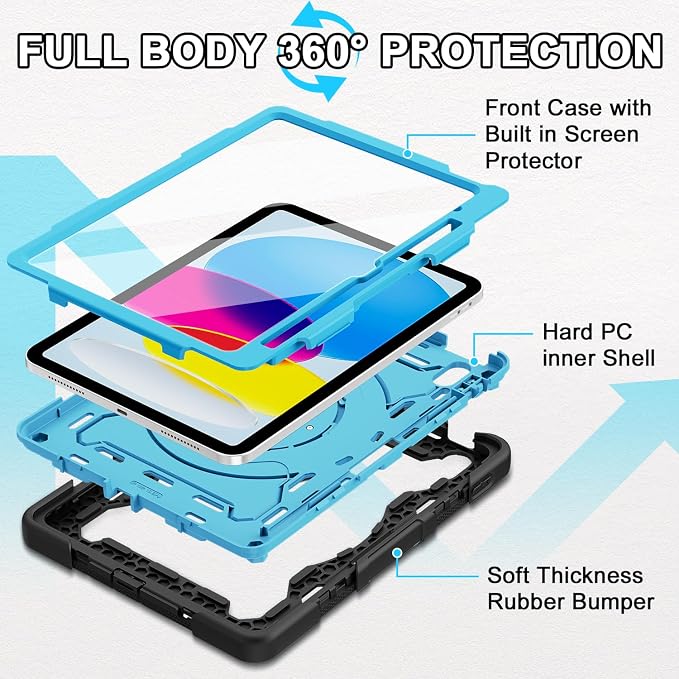for iPad 9th 8th 7th Gen Case 10.2 inch with Screen Protector | 360° Rotating Kickstand Hand Strap Shoulder Strap Heavy Duty Military Grade - Kids Friendly