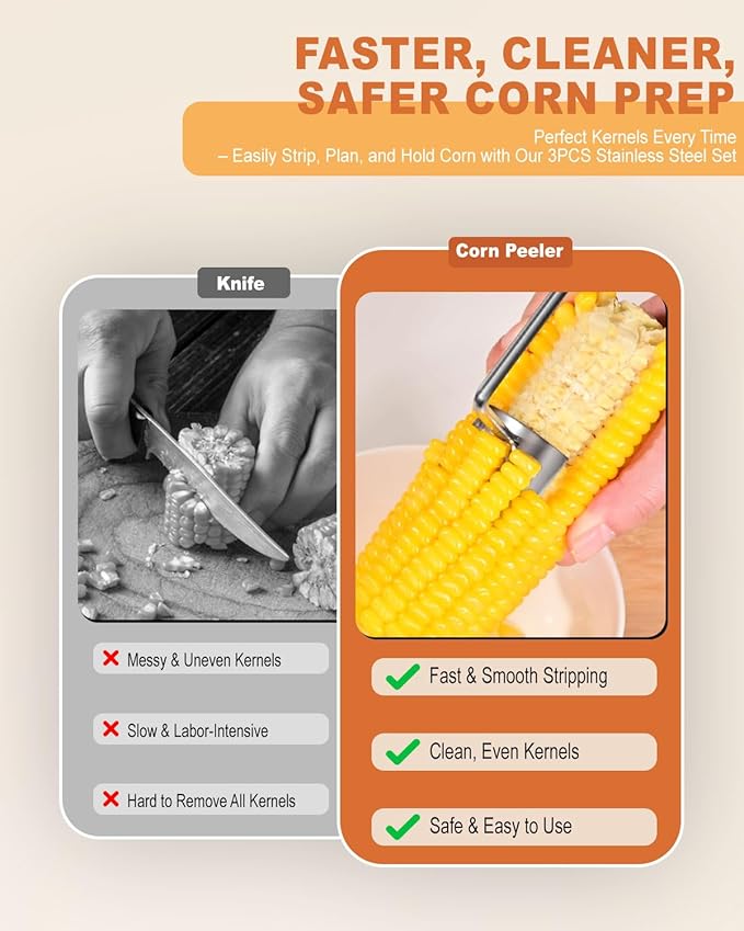 UrBestChoose 3PCS Corn Peeler Set – Stainless Steel Corn Stripper Tool with Cutter, Planer & Holder – Quickly Remove Kernels from Corn on the Cob – Dishwasher Safe, Easy Grip Handle, for Home & BBQ