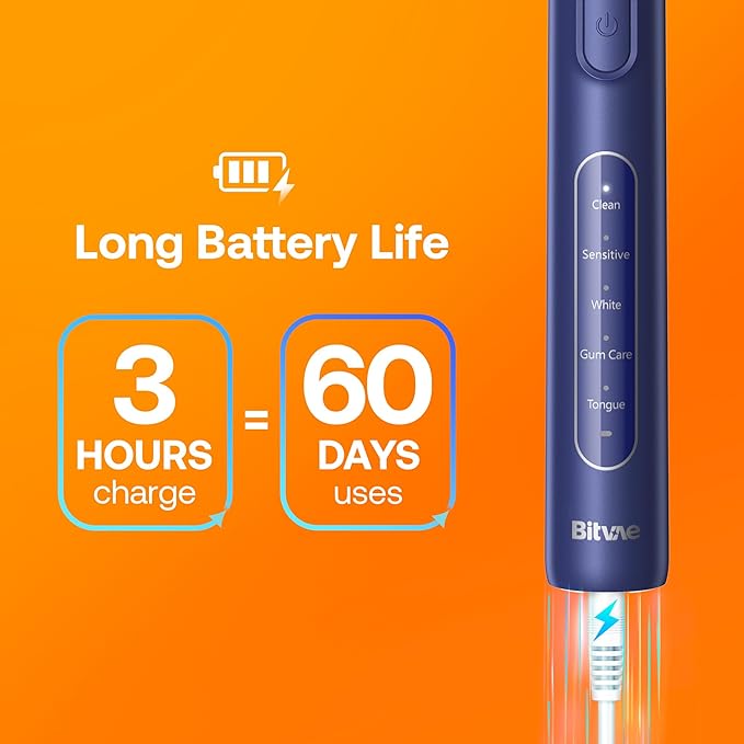 Bitvae R1 Rotating Electric Toothbrush with 8 Brush Heads for Adults and Kids, 60-Day Battery Life, 5 Modes Rechargeable Power Toothbrush with 2-Minute Smart Timer, Dark Blue