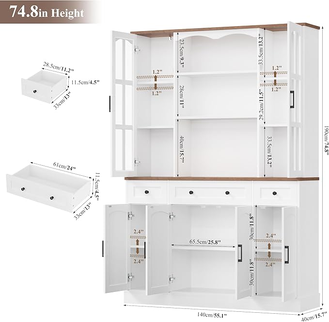 Keyluv 74.8" Tall Pantry Cabinet with Microwave Stand, Large Storage Kitchen Hutch with 3 Drawers & Adjustable Shelves, Arched Glass Door Buffet Cabinet for Kitchen, Dining Room, Living Room, White